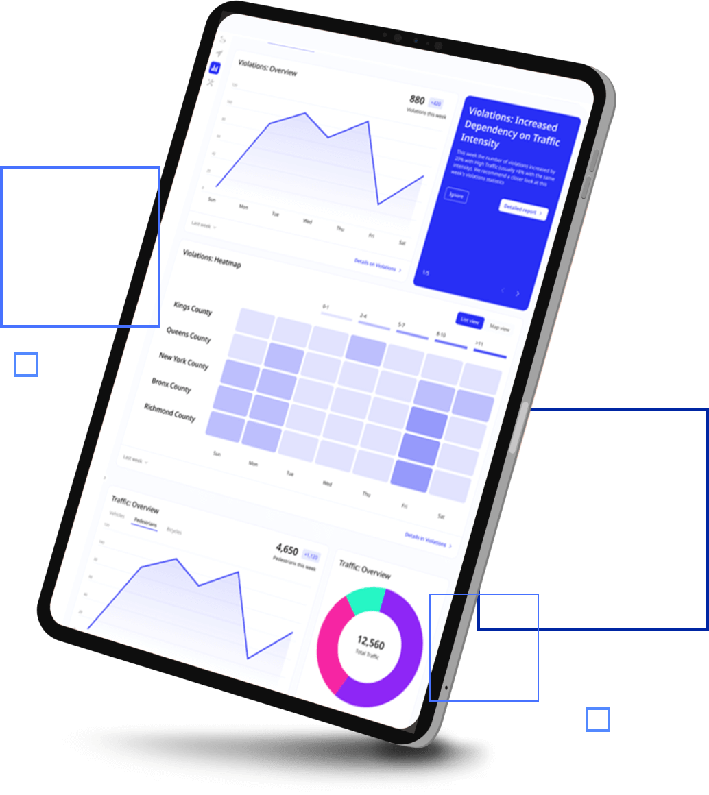 An iPad with a Hayden AI data dashboard shown on the screen, brightly colored graphs and tables