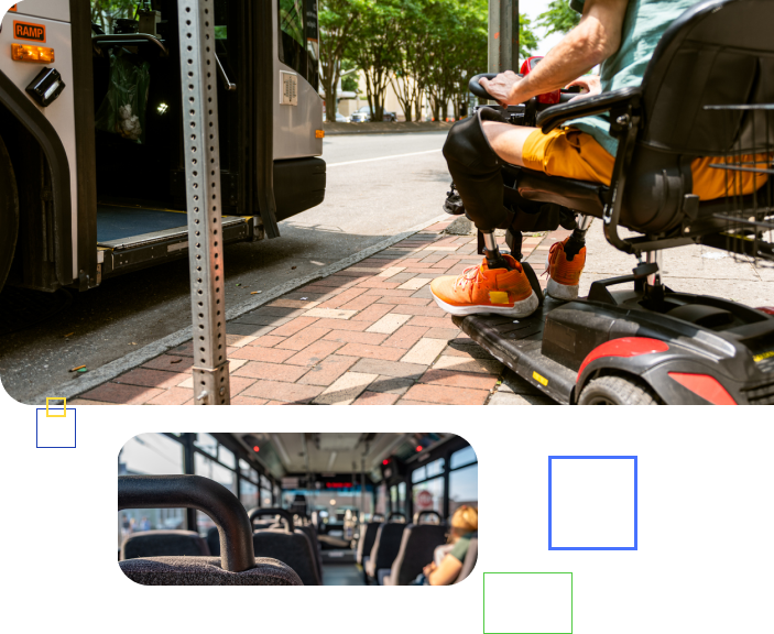 A person riding a wheelchair is about to hop on a bus