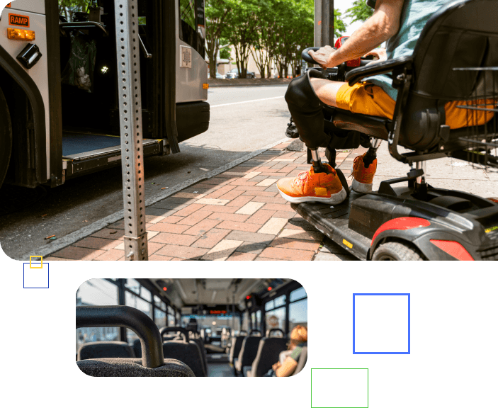 A person riding a wheelchair is about to hop on a bus